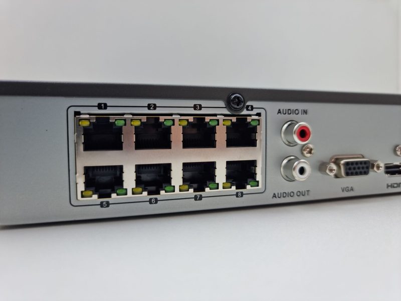 Back of a network video recorder with eight camera ports